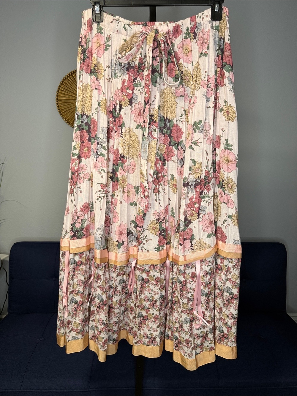 Vintage Chessa Davis Floral Patchwork Prairie Pleaded Maxi Skirt Womens Large